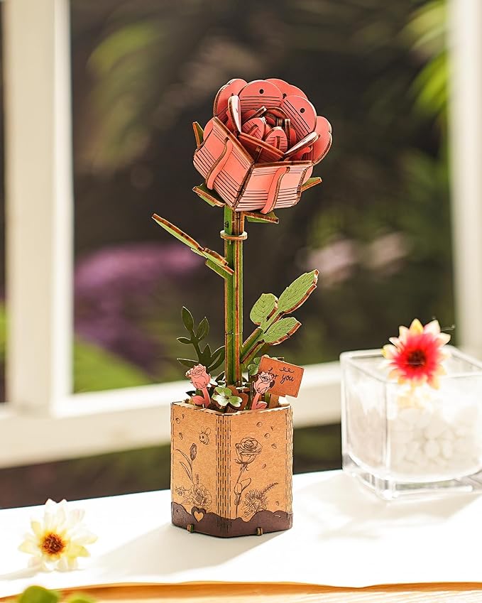 3D Flower Wooden Puzzles for Adults-Pink Rose, DIY Wooden Flowers Model Kit Building Set Crafts for Adults to Build, Botanical Collection/Ideal Creative Gift Ideas/Housewarming (104PCS)