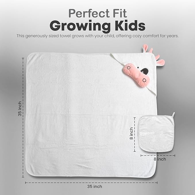 POCASOPA Hooded Towel with Cute Cow Design - Rayon Made from Bamboo Baby - Ultra Soft, Absorbent & Hypoallergenic - Large 35x35” Organic Towel for Newborns, Toddlers & Kids