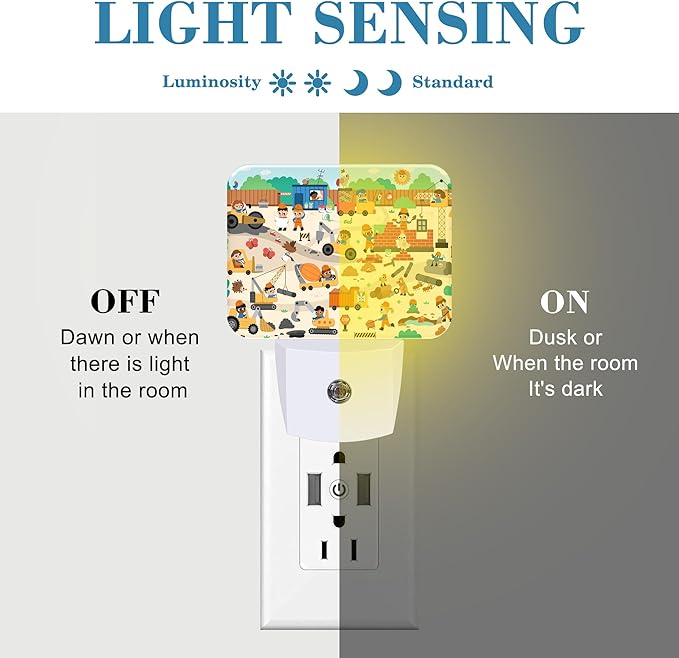 Cartoon Construction Site Scene Night Light for Kids Girls Boys, Funny Kid Builders LED Night Light Plug into Wall with Dusk to Dawn Sensor for Bedroom,Hallway,Kitchen,Bathroom,Stairs Decor
