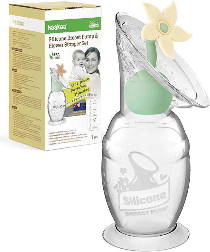 haakaa Manual Breast Pump with Flower Stopper Set, Gen.2 Silicone Hand Pump with Suction Base, BPA Free (5oz/150ml, Oat)