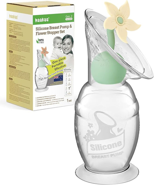 haakaa Manual Breast Pump with Flower Stopper Set, Gen.2 Silicone Hand Pump with Suction Base, BPA Free (5oz/150ml, Oat)