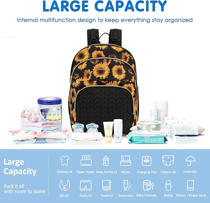 KABAQOO Baby Diaper Bag Backpack, Waterproof Diaper Backpack for Mom & Dad with Changing Pad, Insulated Pockets and Stroller Straps, Baby Shower Gifts for Girls & Boys, Sunflower
