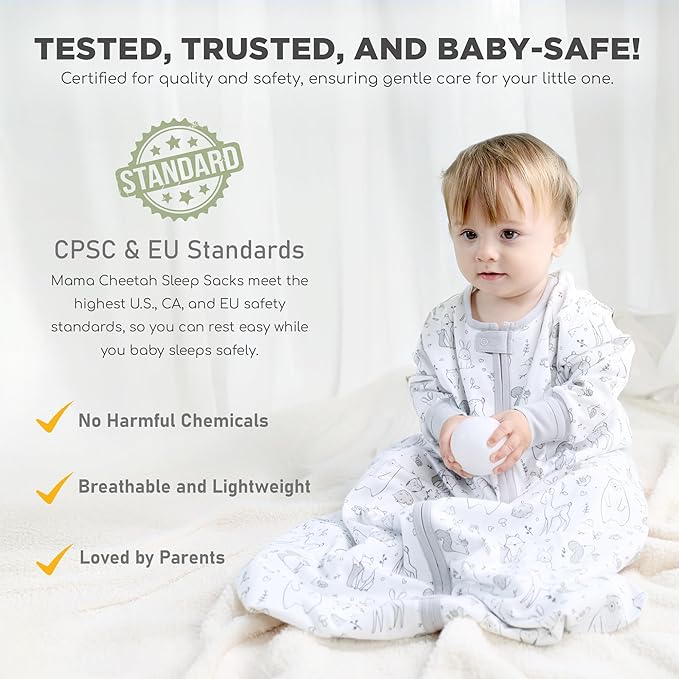 Mama Cheetah Baby Sleep Sack with Sleeves, 0.5 TOG Organic Cotton Wearable Blanket and Two-Way Zipper, Swaddle Transition Long Sleeve Sleeping Bag for Newborn Infant Toddler, 18-24 Months