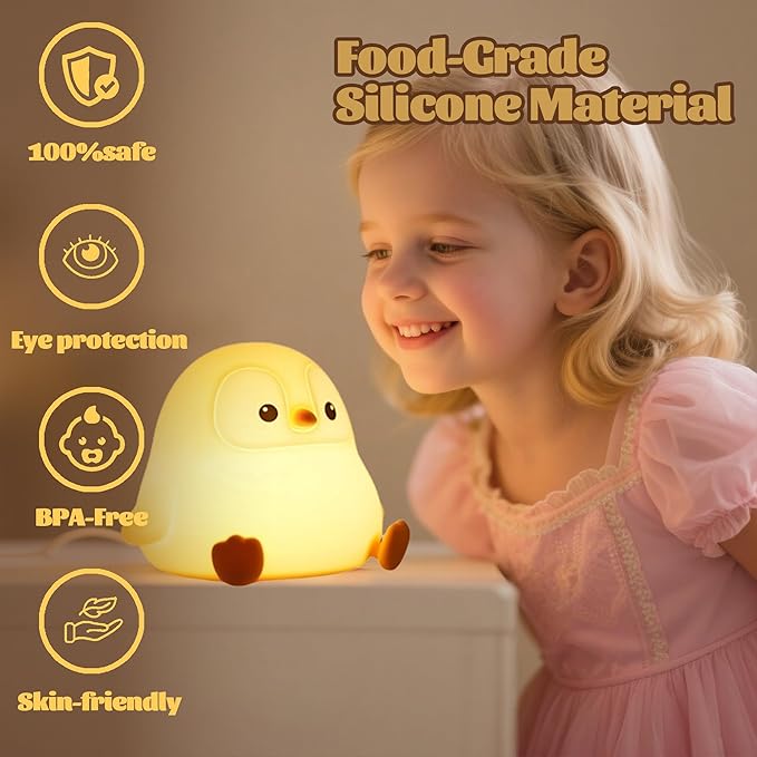 Penguin Nursery Night Light,LED Squishy Silicone Lamp,2 Levels Dimmable Bedroom Nightlight for Kids,Touch Light,Dorm Decor lamp,Baby Boys Girls Gifts (Sitting Penguin)