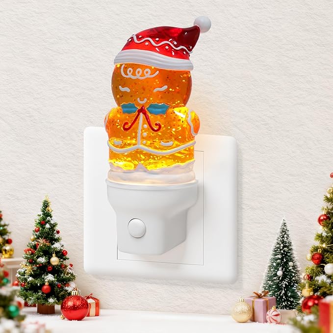 Christmas Night Light Plug into Wall Swirling Glitter USB Portable Christmas Decorative Night Light Decoration for Kids Adults Bedroom Kitchen Living Room Holiday Decor (Gingerbread)