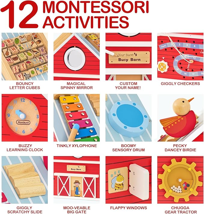 Monläurd® Wooden Farm Activity Center for Toddlers 1-3, 12-in-1 Montessori Busy Board Sensory Play Center, Large Barn Activity Cube Toy for Baby Fine Motor Skills, Daycare & Preschool Learning