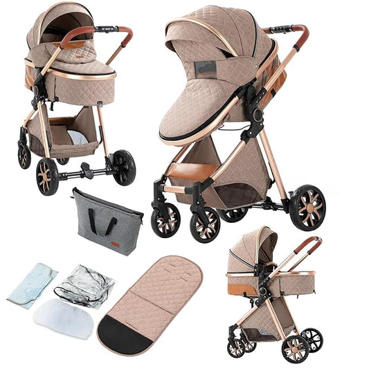 2 in 1 Baby Stroller, Convertible Pram, Reversible Standard Stroller, Portable Baby Buggy, Infant Carriage, Foldable High Landscape Pushchair for Toddler Newborn (225 Khaki)