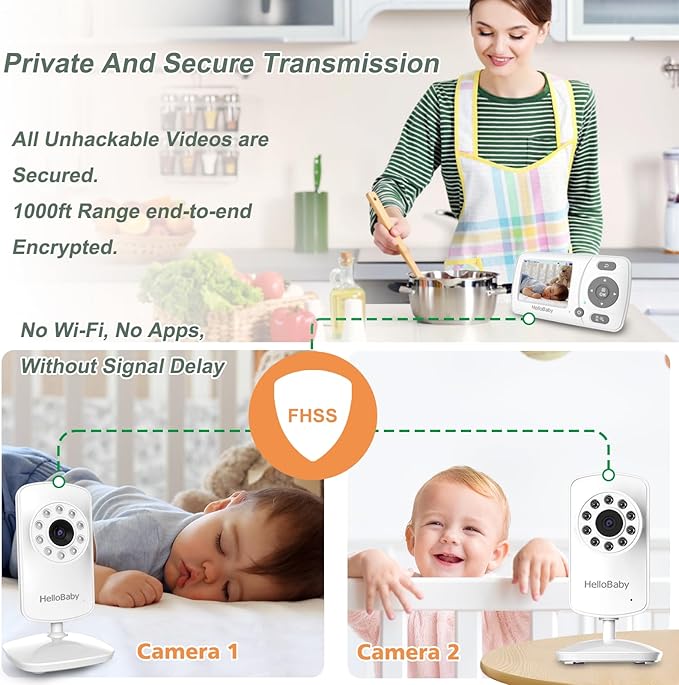 HelloBaby Monitor with 2 Cameras, 2.4'' Portable Travel Screen Baby Monitor No WiFi, 1000ft Long Range Video Baby Monitor, Night Vision, VOX Mode-Power Saving, Baby Safety Camera,for Baby/Pet/Elder