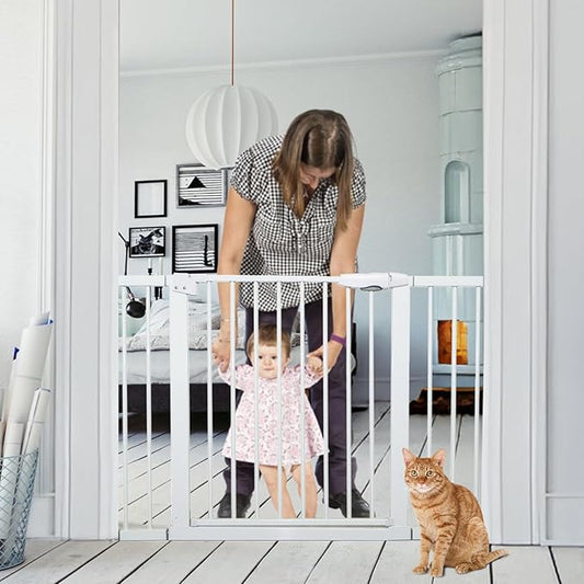 Metal Baby Gate Dog Gate 85.6''-105.2'' Auto Close Extra Wide Pet Gate for Stairs Doorways Pressure Mounted Walk Thru Child Gate with Door NO Need Tools NO Drilling with Wall Cups