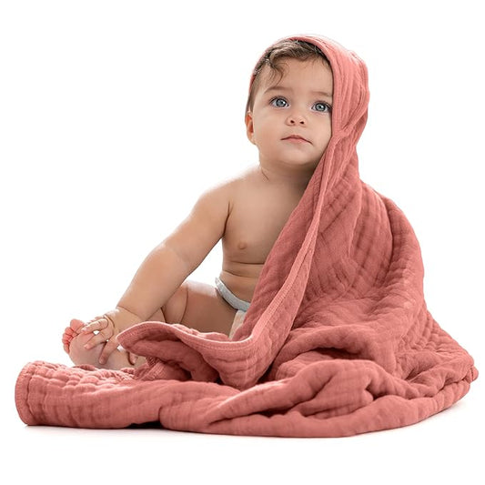 Comfy Cubs Hooded Baby Towel 1-Pack, Large 32 x 32 Inch - 6 Layer 100% Muslin Cotton for Babies, Toddlers and Kids - Soft & Absorbent Baby Bath Towels - Unisex Design for Bath Time - Dusty Rose