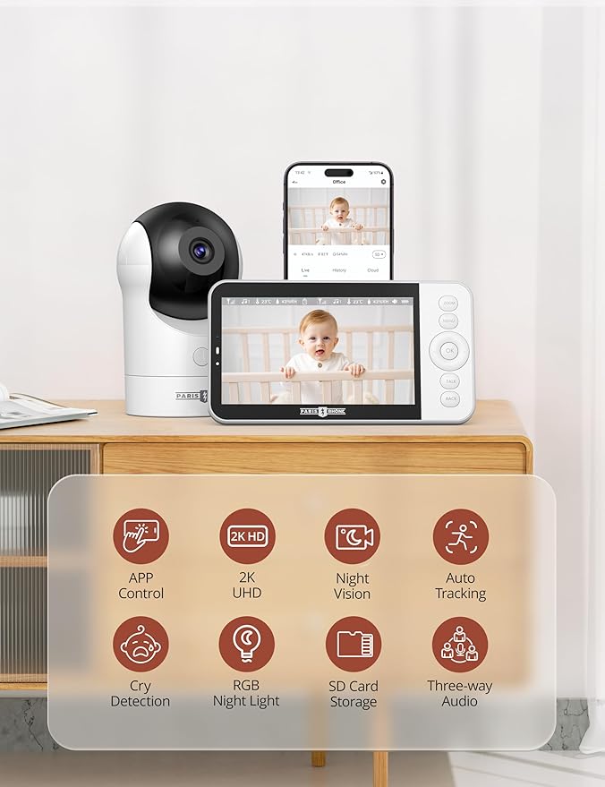 PARIS RHÔNE 2K Split-Screen Baby Monitor, 5” Smart Video Baby Monitor with 2 Cameras, Dual WiFi Cameras with App Control, Night Vision, Motion & Cry Alerts, Auto Tracking, RGB Night Light, Lullabies