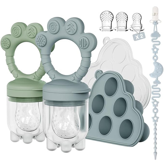 2 Pack Baby Fruit Food Feeder + Breastmilk Popsicle Molds,Baby Teethers,BPA Free,3 Sizes,2mm Fine Holes to Prevent Choking,Perfect for Teething Relief & Infant Solid Food Introduction,3 M+(Ether/Sage)