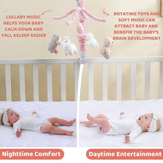 JOLLITO Crib Mobile for Girls, Soft Pink Musical Baby Crib Mobile with 12 Lullabies, Rotating Arm and Detachable Plush Animal Toys, Nursery Decor Baby Mobile for Crib Toys Bassinet