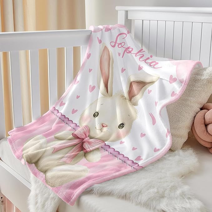 Personalized Baby Blanket for Girls, Custom Baby Blanket with Name, Soft Cozy Personalized Name Blankets for Kids, Customized Rabbit Blanket for Infant Toddler Birthday Christmas