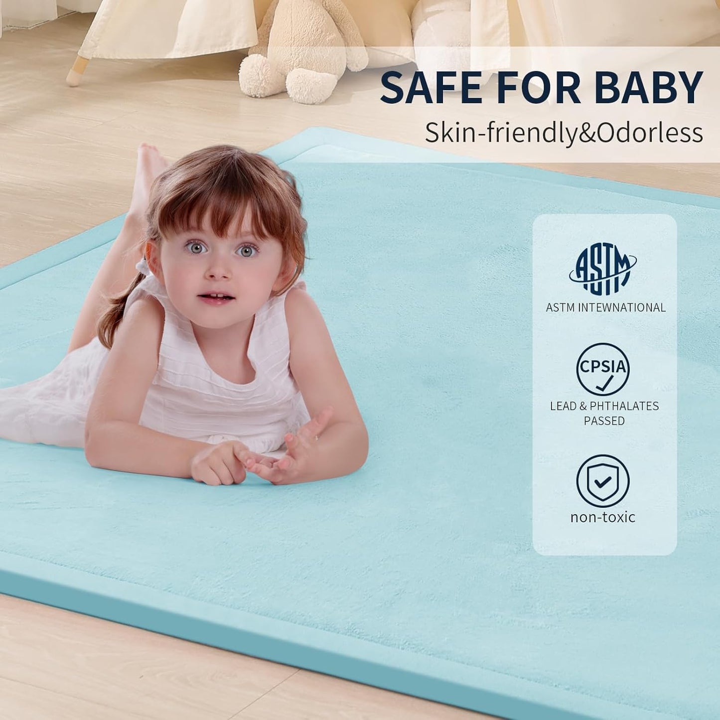 ACOMOPACK Baby Play Mat for Floor 1.3" Thick Memory Foam Play Mat 79"×157 Tummy Time Crawling with Non-Slip Bottom for Living Room,Nursery,Soft Velvet Playpen Mats for Kids,Infants（Light Blue）