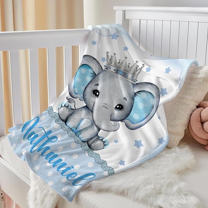 J&SBGFT Personalized Baby Blanket for Boys, Customized Name Blanket for Toddlers Kids Nursery Stroller Crib Decor Throw, King Elephant