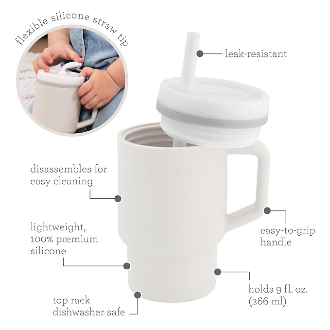 Infantino My 1st Tumbler, Silicone Sippy Cup with Straw & Handle, Spill-Resistant Baby Cup for On-the-Go, BPA-Free Transition Bottle, Cream