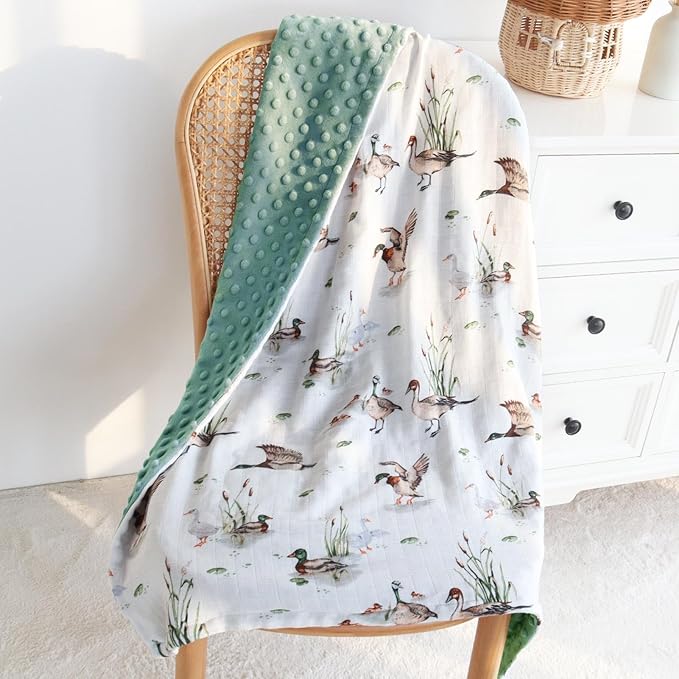 LifeTree Baby Blankets for Newborn, Soft & Lightweight Swaddle Blankets, Muslin Front and Dotted Fleece Backing Receiving Bed Blanket, 31X40 Inches, Baby Girl & Boy Blanket, Duck and Green