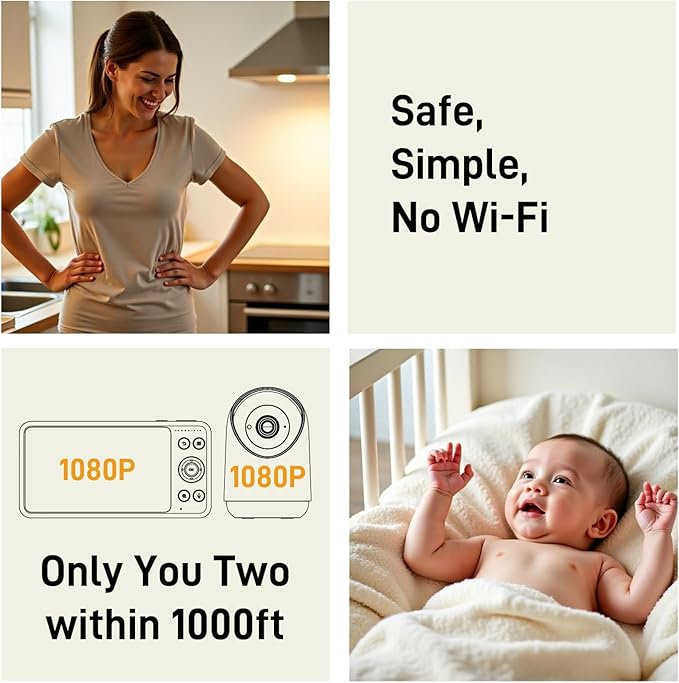 NEWQ HD Baby Monitor: No WiFi 1080P Display Clear Night Vision with Video Recording Feature, Temperature Sensor Function, 2 Way Audio Talking