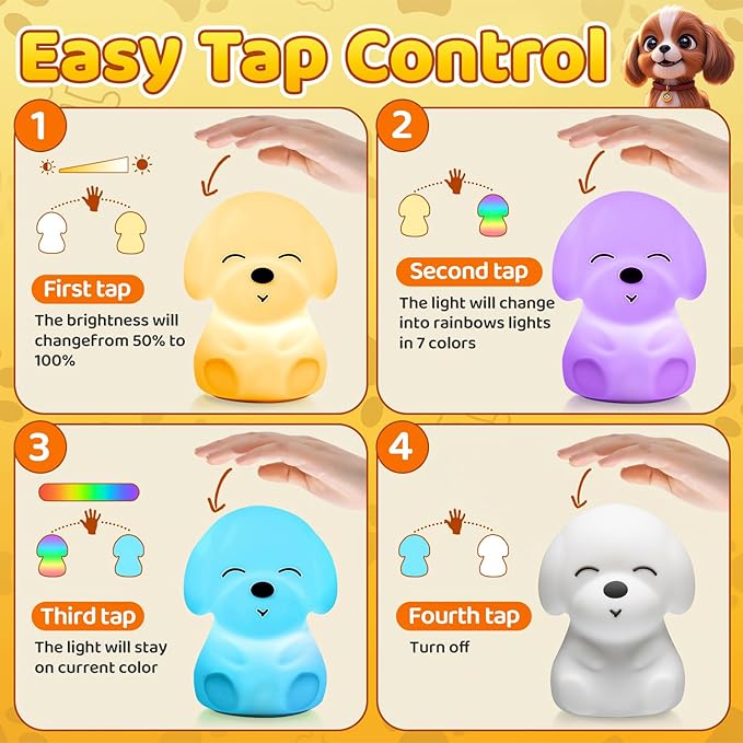 Night Light for Kids | 16 Colors & 2 Brightness & 30/60min Timer & Soft Silicone & 10h Use | Cute Night Light for Baby Nursery Kids Nightlight Dog Lamp, Kawaii Room Decor Puppy Gifts for Boys & Girls