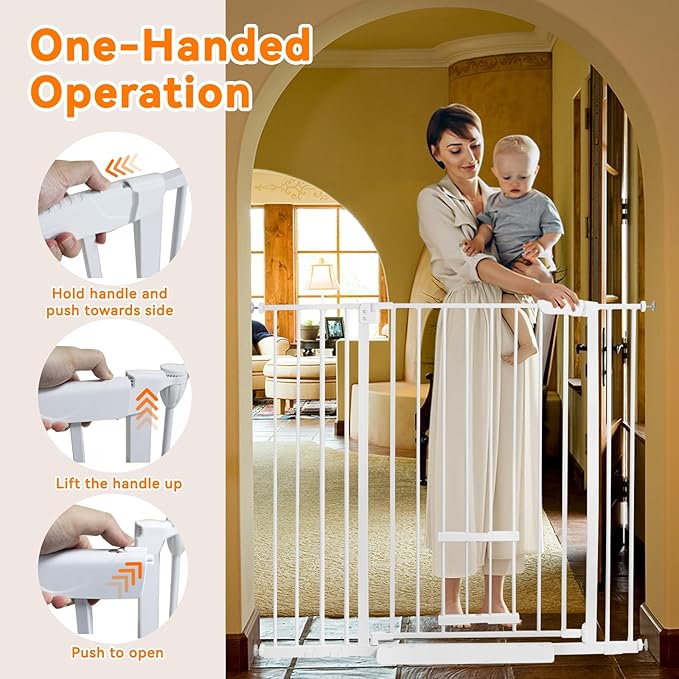 41 Inch Tall Baby Gate with Small Cat Door, Adjustable Auto Close Dog Gate Easy Walk Thru Pet Door for Stairs, Doorway, House (White, 29.52"-35.43")
