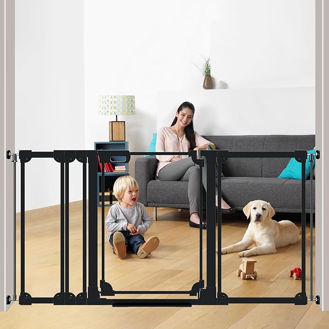 Clear Baby Gate for Stairs,57.87-66.14" Wide, Auto Close Acrylic Pet Gate, Pressure Mounted Clear Dog gate for Doorways, Safety Baby Gate, Indoor, Hallway, Kitchen,Black