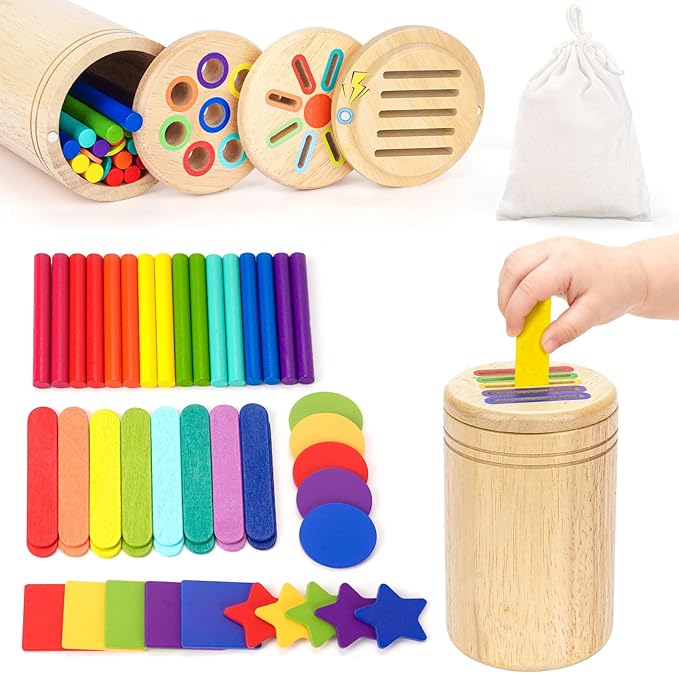 LYLIN Montessori Toys for 2 3 4 Years Old, 3 in 1 Wooden Color Sorting Toys for Toddlers, Fine Motor Skills Toys for 1-2 Years Old Sensory Development Educational Toy Girls Boys Birthday Gifts