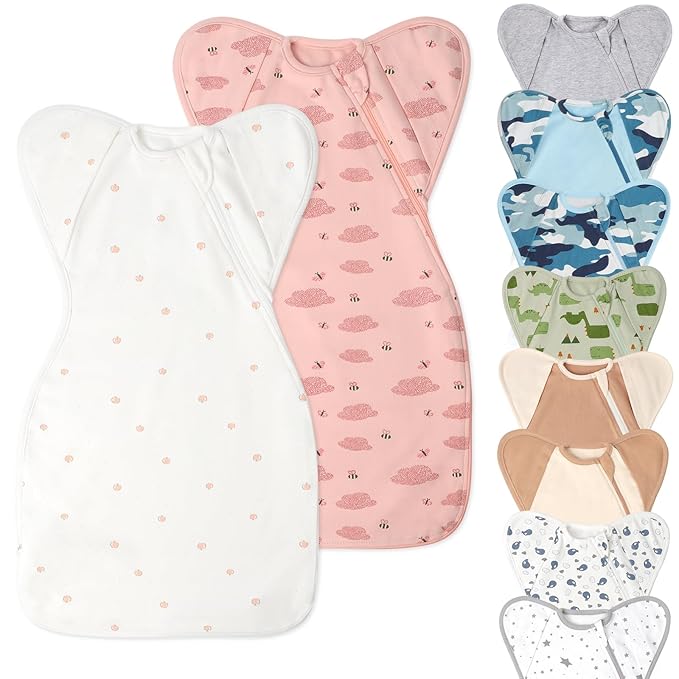 Premium Soft Cotton Swaddle Blanket Sleep Sack Arms Up 2 Packs 6-12 Months, Hands Up 3-Way Transitions to Arms-Free Wearable Sleeping Sack Bag for Babies Boys Girls Snug Fit Calms Startle Reflex
