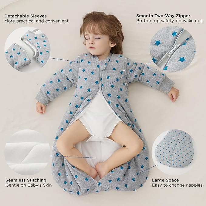 Duomiaomiao 3.5 TOG Baby Sleep Sack 100% Cotton Winter Long Sleeve Baby Wearable Blanket, Super Warm Quilted Comfy Toddler Sleeping Sack