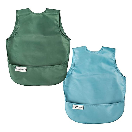 Tiny Twinkle Short Sleeve Apron Bibs for Babies & Toddlers – 2 Pack Waterproof, Mess-Proof Baby Bibs for Eating & Feeding, Machine Washable,Perfect Holiday Gift(Slate Olive, 6–24M)