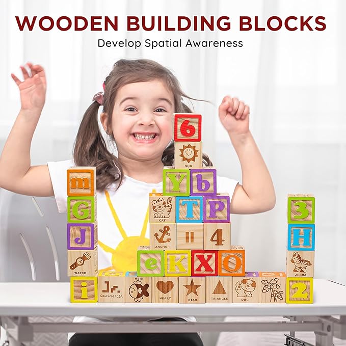SainSmart Jr. Wooden Alphabet Blocks 1.73 Inch, 30Pcs Building Blocks Including Letters, Numbers and Animals, Montessori Wooden Blocks for Preschool Toddlers