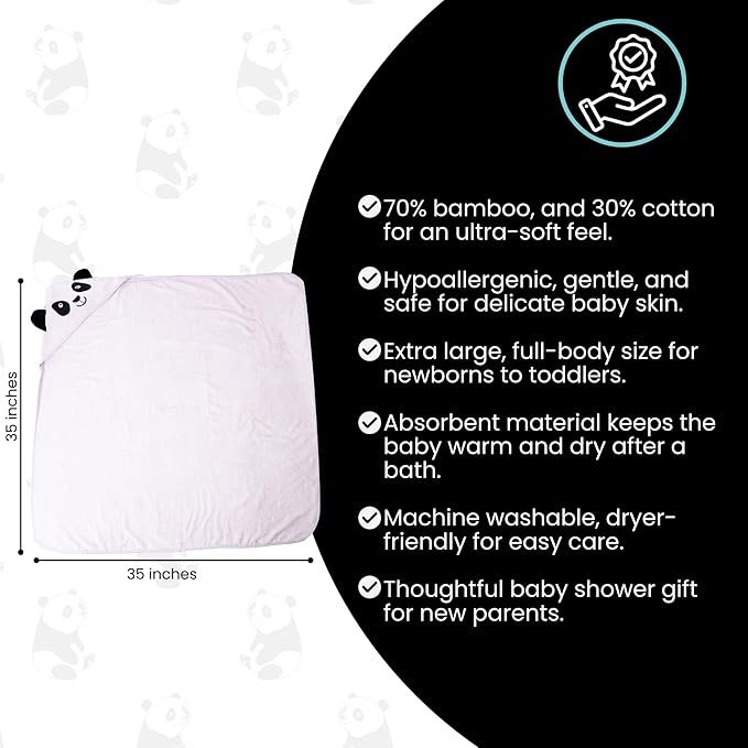 Premium Hooded Towel - 500GSM Viscose derived from Bamboo Cotton Baby Towels - Ultra Soft & Absorbent, Extra Large 35” x 35”, Hypoallergenic, Machine Washable Toddler Towel - Panda
