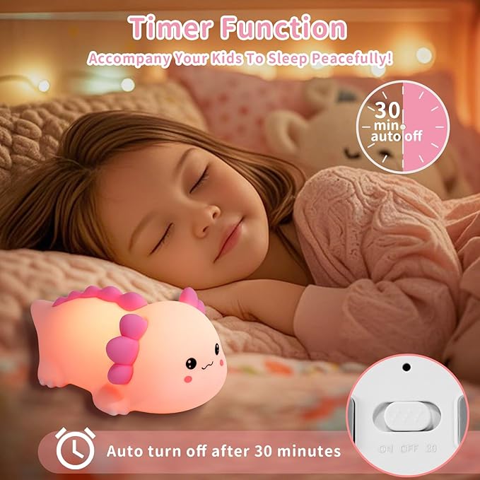 Axolotl Silicone Nursery Night Light, Dimmable LED Animal Lamp with Timer,Cute Gifts Rechargeable Bedroom Bedside Lamp with Touch Sensor Toy for Kids (Axolotl B)