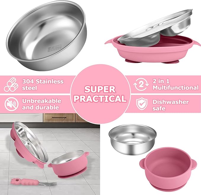 Stainless Steel Baby Plate and Bowl with Suction, Baby Bowl and Divided Kids Toddler Plate with Removable Silicone Shell, Non-Slip Toddler Baby Feeding Set, Forks + Spoons Included-Rose red