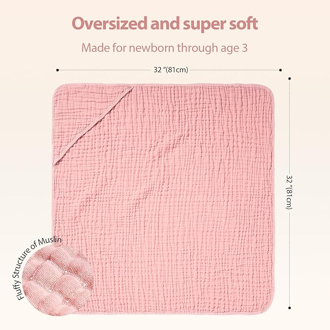 Hooded Baby Towels for Newborn - 2 Pack, 100% Muslin Cotton, Baby Bath Towels with Hood, Soft and Absorbent for Girls Infant, Toddler and Kids, Large 32x32 Inches, Newborn Essential