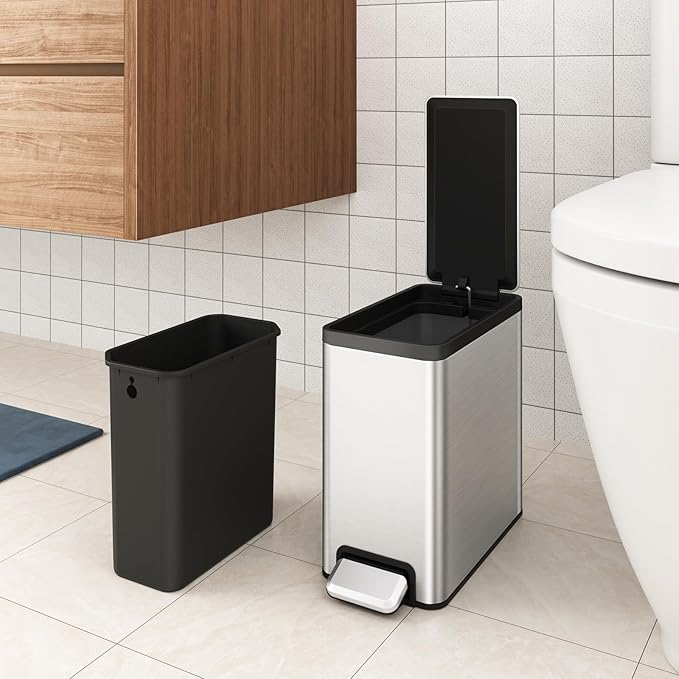 EKO Slim Small Bathroom Trash Can with Lid, Stainless Steel Small Garbage Can with Removable Inner Bucket, 6L / 1.6 Gal, Step On Trash Bin