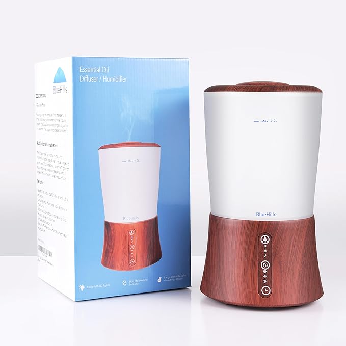 BlueHills Large 2000 ML XL Essential Oil Diffuser Aroma Humidifier 2 Liter Capacity for Big Living Room Home Baby Long Run XL Huge Coverage Area High Mist Timer Large Diffuser Dark Wood Grain 2L S3