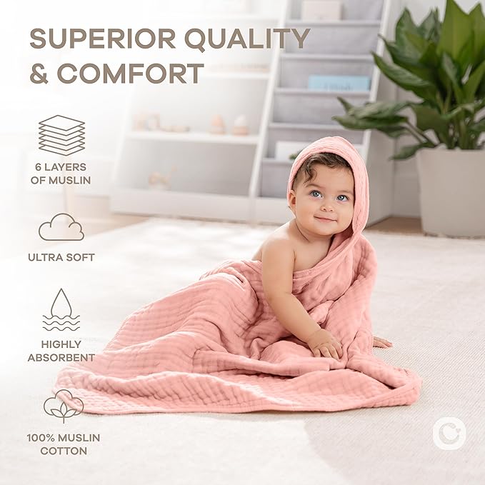 Comfy Cubs Hooded Baby Towel 1-Pack, Large 32 x 32 Inch - 6 Layer 100% Muslin Cotton for Babies, Toddlers and Kids - Soft & Absorbent Baby Bath Towels - Unisex Design for Bath Time - Bold Blush