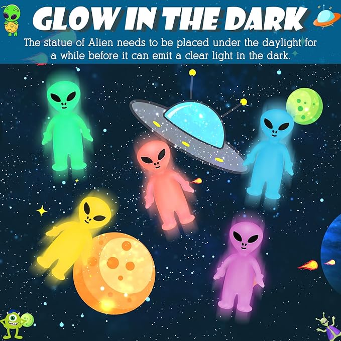 40 Pcs Glow in The Dark Mini Alien Figures Set with Card and Gift Bag for Space Birthday Party Favors Halloween Little Small Tiny Alien Figurines Statue for Hide and Seek (Colorful)
