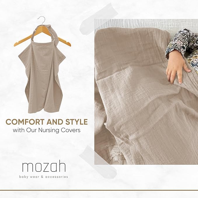 MOZAH 100% Organic Cotton Muslin Nursing Cover for Baby Breastfeeding, Breathable 100% Cotton Breastfeeding Cover with Rigid Hoop for Mother Nursing Apron, Multi-use Carseat Canopy (Oatmeal Beige)