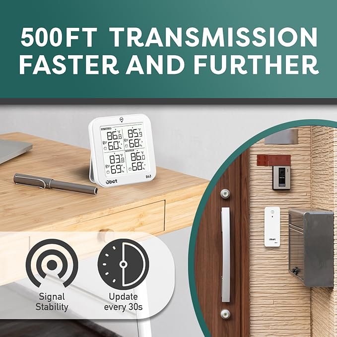 OBET Indoor Outdoor Thermometer Wireless with 3 Sensors Weather Station Temperature Humidity Monitor 500ft Range and Adjustable Backlight and Min Max Data White