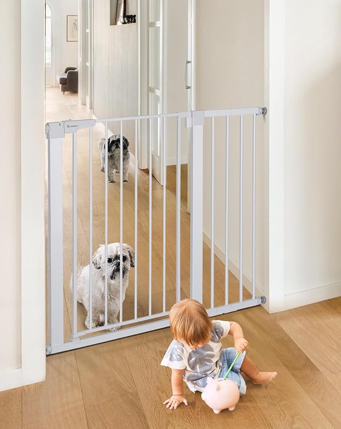 COMOMY 36" Extra Tall Baby Gate for Stairs Doorways, Fits Openings 29.5" to 43.3" Wide, Auto Close Sturdy Safety Dog Gate for House, Pressure Mounted Easy Walk Through Pet Gate with Door, White