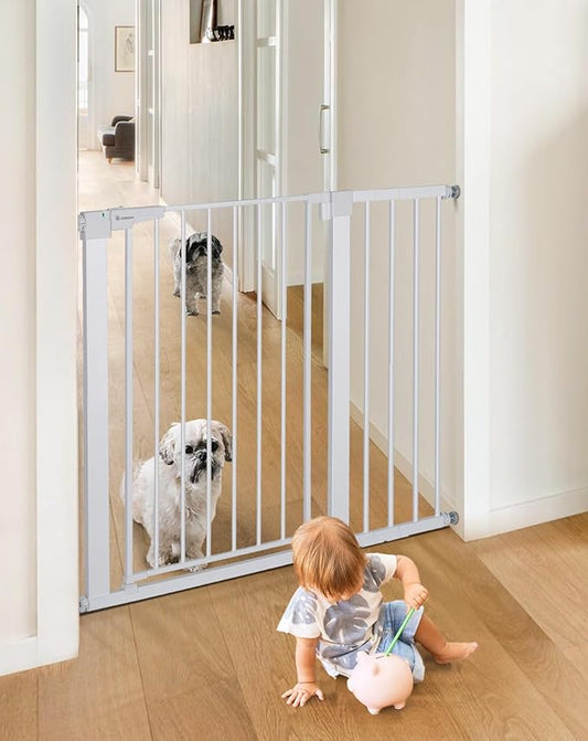 COMOMY 36" Extra Tall Baby Gate for Stairs Doorways, Fits Openings 29.5" to 43.3" Wide, Auto Close Sturdy Safety Dog Gate for House, Pressure Mounted Easy Walk Through Pet Gate with Door, White