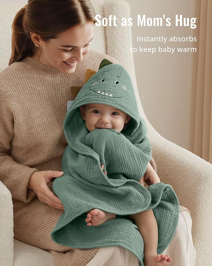Blissful Diary Muslin Baby Hooded Towel, Soft and Absorbent Bath Towel for Newborn, Infant, Toddler, Unisex, 32″x32″ - Roguish Dino