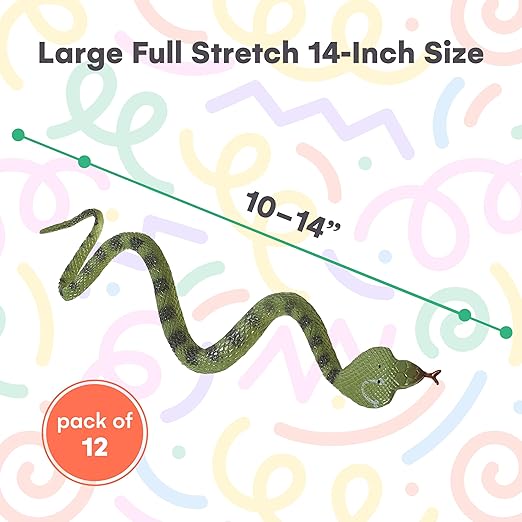 Kicko 12 Pack of 14 Inch Assorted Rubber Toy Snake - Soft Flexible Realistic Fake Floating Plastic Snakes - Colorful Bulk Small Sizes Set for Reptile School Collection, Birthday Party, Halloween Props
