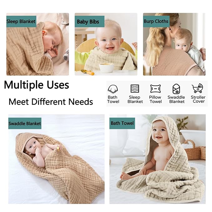 Hooded Baby Bath Towels, 2 Pack Baby Towels with Hood for Newborn, Upgrade High Density 100% Muslin Cotton Baby Towel, Ultra Soft, Highly Absorbent, for Infants, Toddlers, Newborn Essential, 32” x 32”