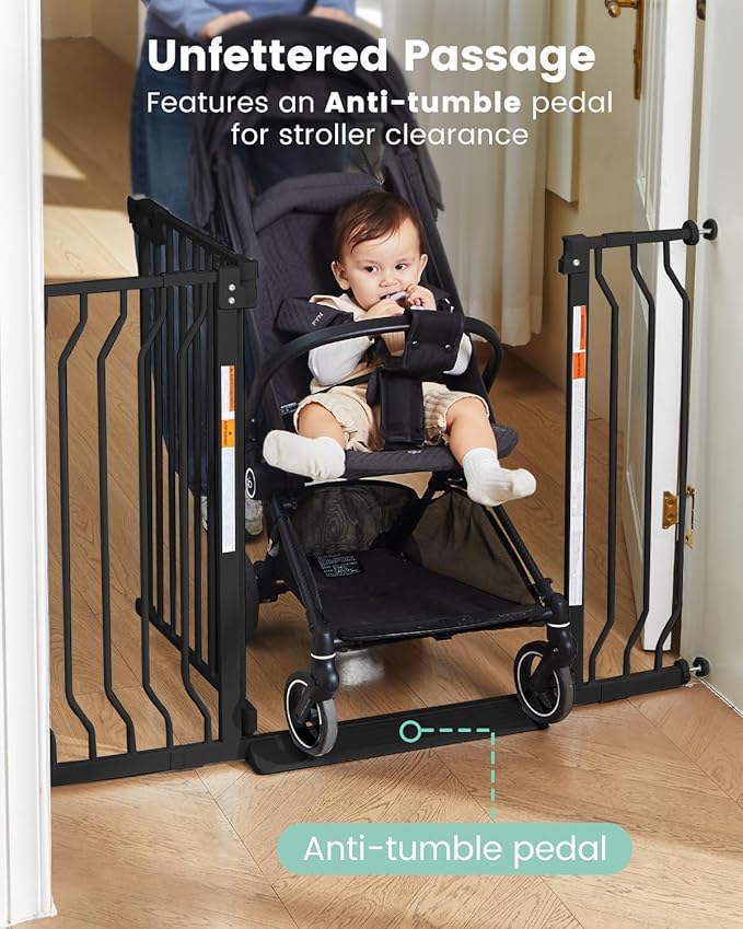 Mom's Choice-GROWNSY Baby Gate for Stairs, 30.5"-48.4" Pressure Mounted Baby Gate for Top of Stair&Doorway with Y-Spindle Rods, Anti-Trip Pedal, Wide Stairs Dog Gate Easy Install w/Red Reminder,Black