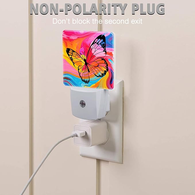 Butterfly Night Light Colorful Marble Plug in Night Lights LED Lamp with Dusk to Dawn Sensor Auto Energy Saving Square Lights for Bedroom Bathroom Hallway Home Wall Decor Nightlight