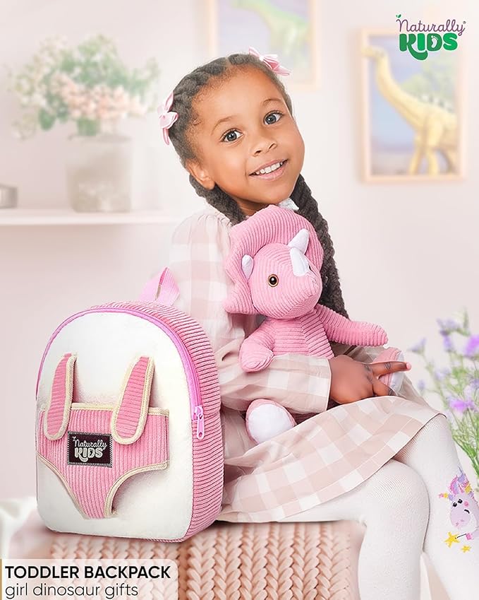 Naturally KIDS Pink Triceratops Toy, Triceratops Stuffed Animal for 2 3 4 5 Year Old Girl, Stuffed Dinosaur for Girls, Pink Toddler Backpack