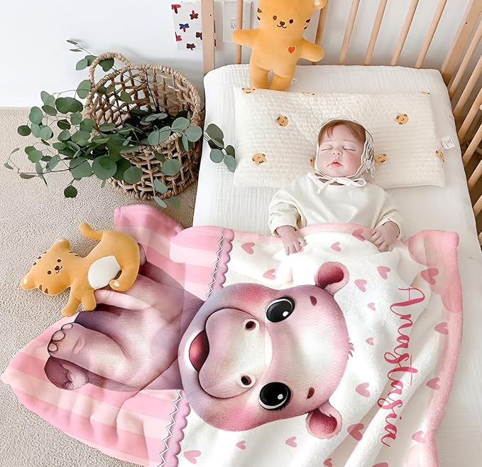 Personalized Baby Blanket for Girls, Custom Baby Blanket with Name, Soft Cozy Personalized Name Blankets for Kids, Customized Hippo Blankets for Infant Toddler Birthday Christmas